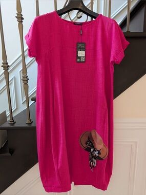Bright Pink Women's Shift Dress with Hat Motif